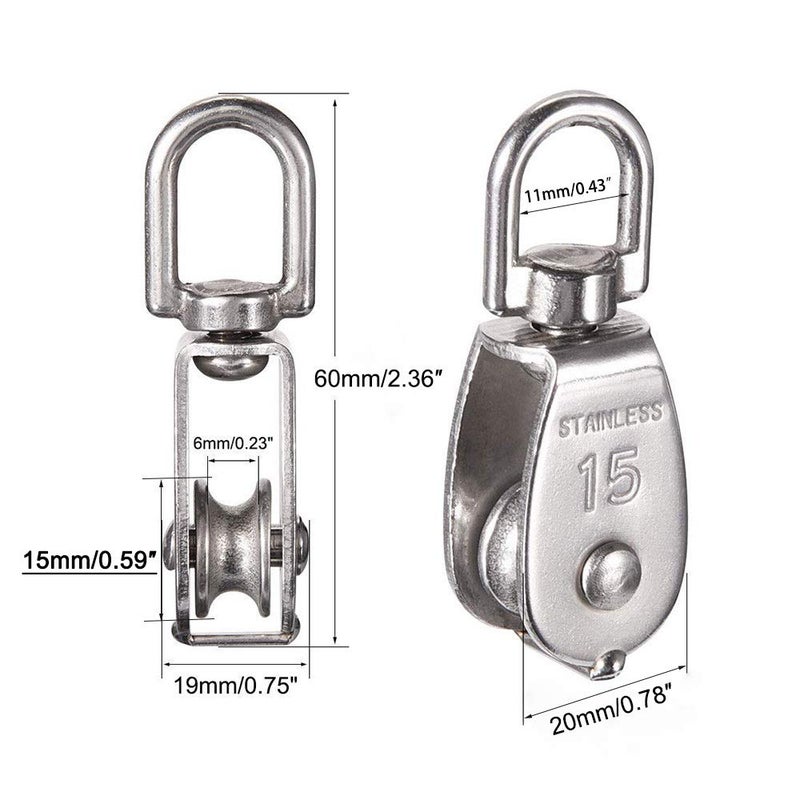 AUHOKY 12Pcs Single Pulley Block (M15), AUHOKY 304 Stainless Steel Hanging Wire Towing Wheel, Swivel Lifting Wire Rope Cable Pulley Roller, Max-Load 35kg/77lbs - Image 4